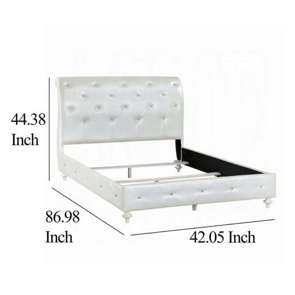 Dorie Twin Bed, Pearl White Faux Leather Victorian Carved w Crystals