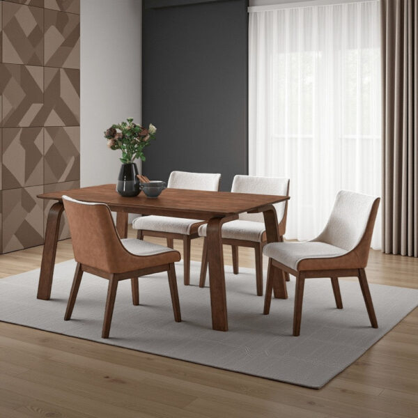 Kinni Dining Table, Walnut Brown Wood, Bent Legs, Rectangular 63 Inch