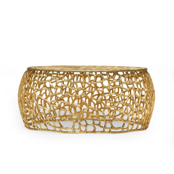Coffee Table, 28 Inch Round Plinth Mesh Design, Open Gold Metal Frame