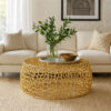 Coffee Table, 28 Inch Round Plinth Mesh Design, Open Gold Metal Frame