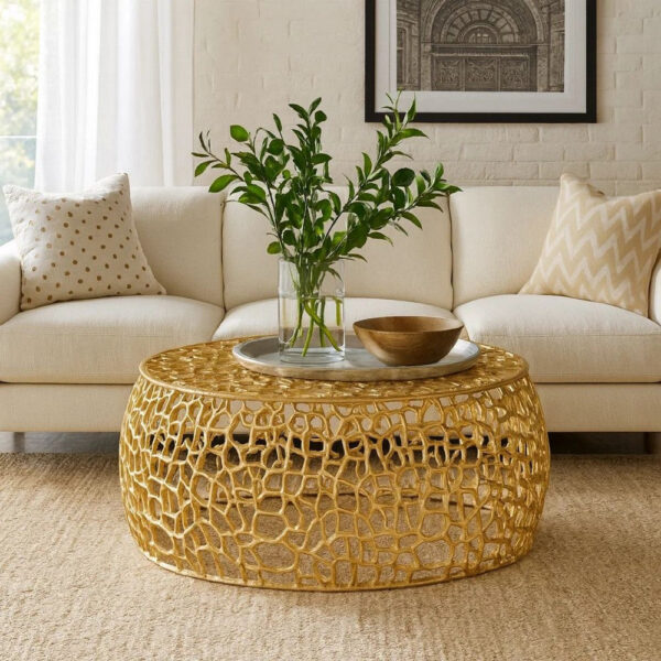 Coffee Table, 28 Inch Round Plinth Mesh Design, Open Gold Metal Frame