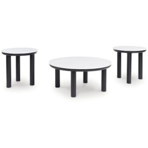 Dae 3pc Coffee and End Table Set, Round White Faux Marble, Black