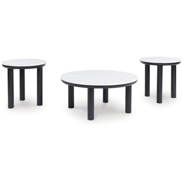 Dae 3pc Coffee and End Table Set, Round White Faux Marble, Black