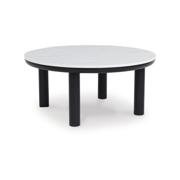 Dae 3pc Coffee and End Table Set, Round White Faux Marble, Black