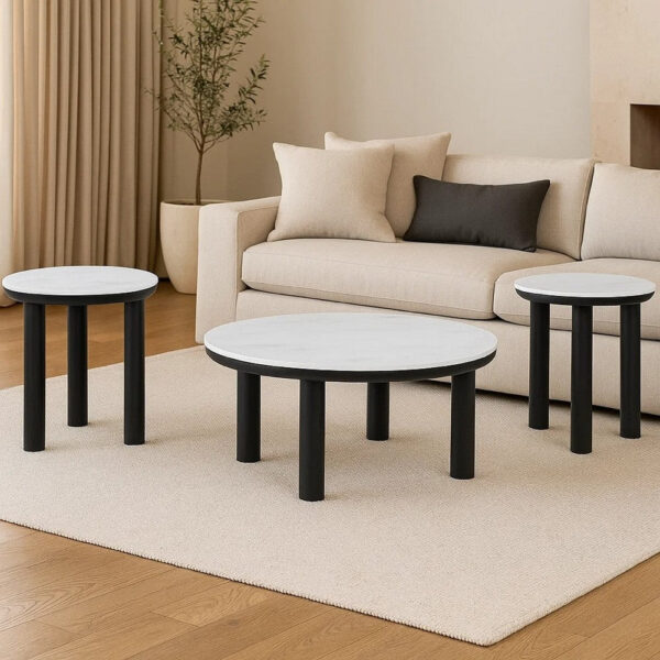Dae 3pc Coffee and End Table Set, Round White Faux Marble, Black