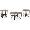 Hya 3pc Coffee and End Table Set, Brown Wood Round Top, Black Angular