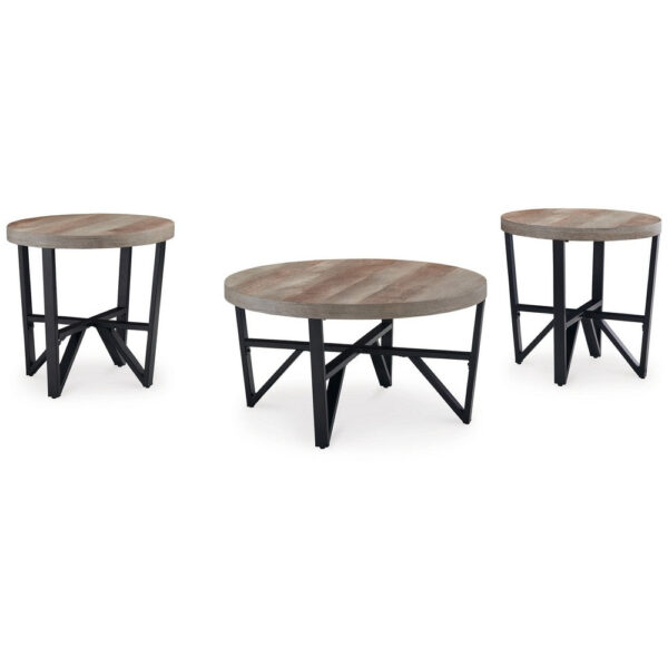 Hya 3pc Coffee and End Table Set, Brown Wood Round Top, Black Angular