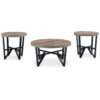Hya 3pc Coffee and End Table Set, Brown Wood Round Top, Black Angular