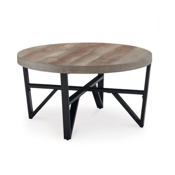 Hya 3pc Coffee and End Table Set, Brown Wood Round Top, Black Angular