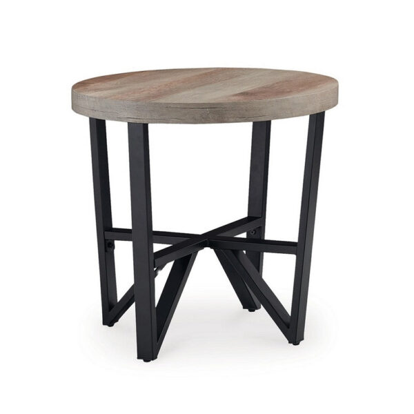 Hya 3pc Coffee and End Table Set, Brown Wood Round Top, Black Angular