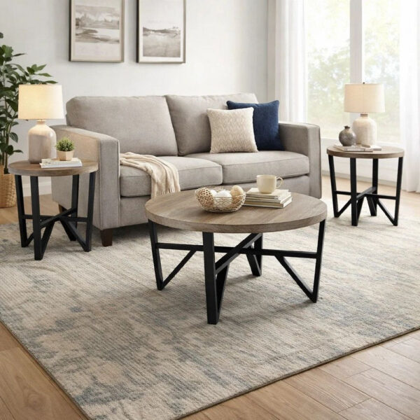 Hya 3pc Coffee and End Table Set, Brown Wood Round Top, Black Angular