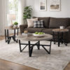 Hya 3pc Coffee and End Table Set, Brown Wood Round Top, Black Angular