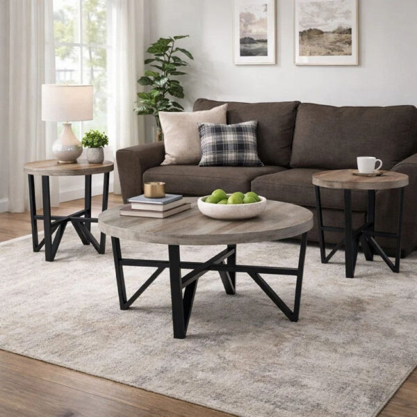 Hya 3pc Coffee and End Table Set, Brown Wood Round Top, Black Angular