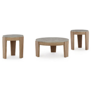 Hena 3pc Coffee and End Table Set, Round Gray Faux Cement, Brown Wood