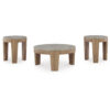 Hena 3pc Coffee and End Table Set, Round Gray Faux Cement, Brown Wood