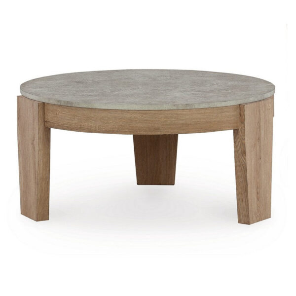 Hena 3pc Coffee and End Table Set, Round Gray Faux Cement, Brown Wood