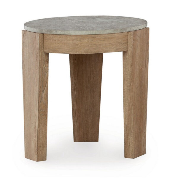 Hena 3pc Coffee and End Table Set, Round Gray Faux Cement, Brown Wood