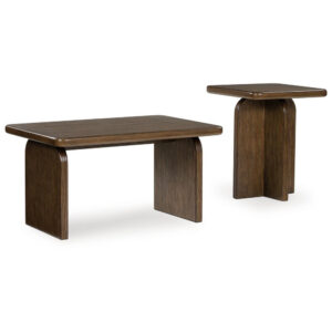 Medy 2pc Coffee and End Table Set, Wide Geometric Base, Textured Brown