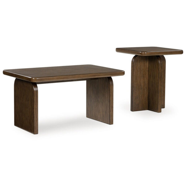 Medy 2pc Coffee and End Table Set, Wide Geometric Base, Textured Brown