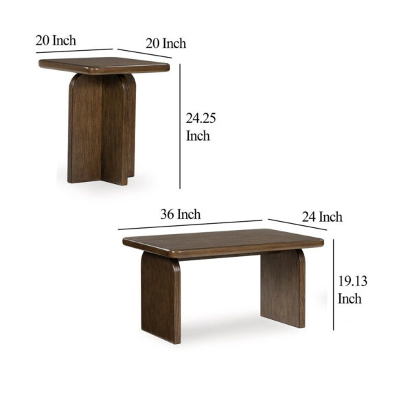 Medy 2pc Coffee and End Table Set, Wide Geometric Base, Textured Brown