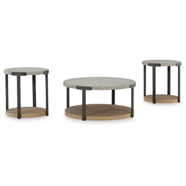 150220266992143416995.jpeg Hein 3pc Coffee n End Table Set, Gray Round Top w Shelf and Wheels