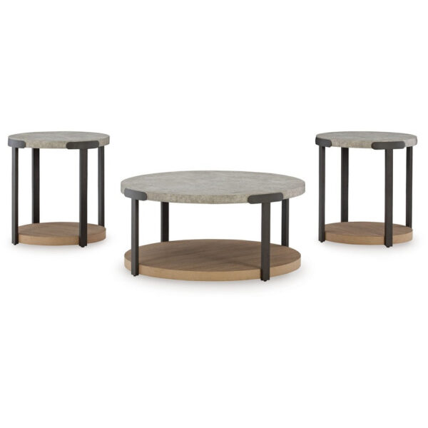 1502202669921437d3d87.jpeg Hein 3pc Coffee n End Table Set, Gray Round Top w Shelf and Wheels