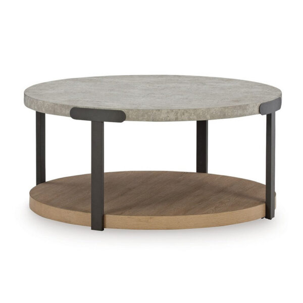 150220266992143b3e3fe.jpeg Hein 3pc Coffee n End Table Set, Gray Round Top w Shelf and Wheels