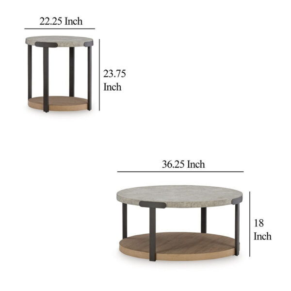 15022026699214423a39c.jpeg Hein 3pc Coffee n End Table Set, Gray Round Top w Shelf and Wheels