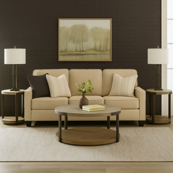 150220266992144524e25.jpeg Hein 3pc Coffee n End Table Set, Gray Round Top w Shelf and Wheels