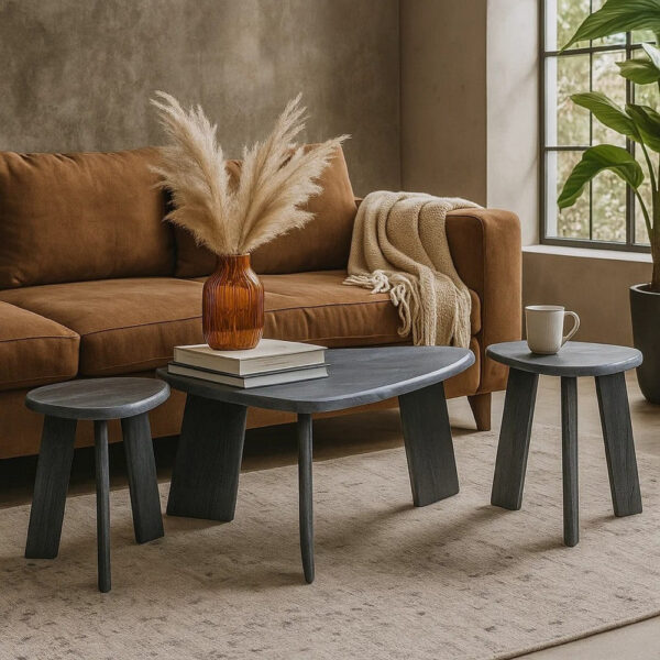 Bey 3pc Coffee n Table Set, Gray Faux Marble Top, Geometric Panel Base