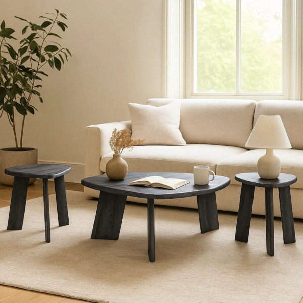 Bey 3pc Coffee n Table Set, Gray Faux Marble Top, Geometric Panel Base