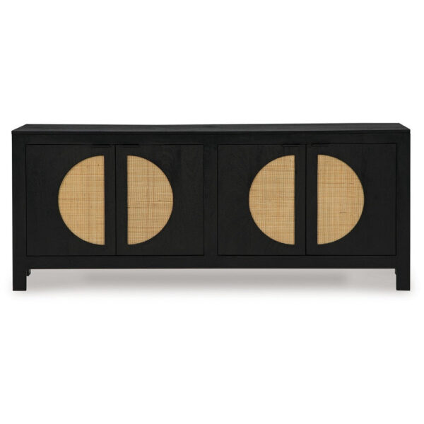 Sideboard Cabinet Console, 4 Doors Woven Cane, 70 Inch Black and Brown