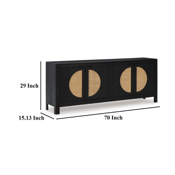 Sideboard Cabinet Console, 4 Doors Woven Cane, 70 Inch Black and Brown