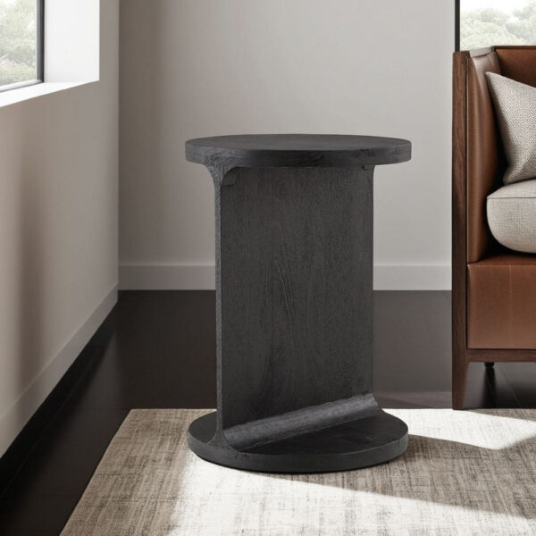 Accent Table, I Shaped Mango Wood Body, Sandblasted Black 16 Inch