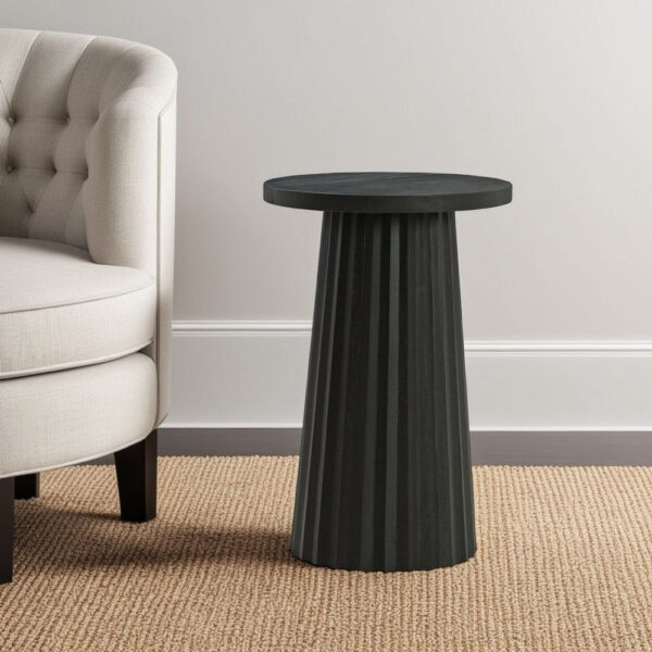 Ceil Accent Table, Round Fluted Classic Black Solid Wood Base, 14 Inch
