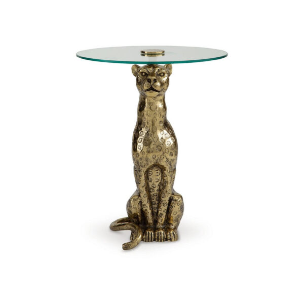 Accent Table, Gold Cast Metal Leopard Design, 18 Inch Glass Round Top