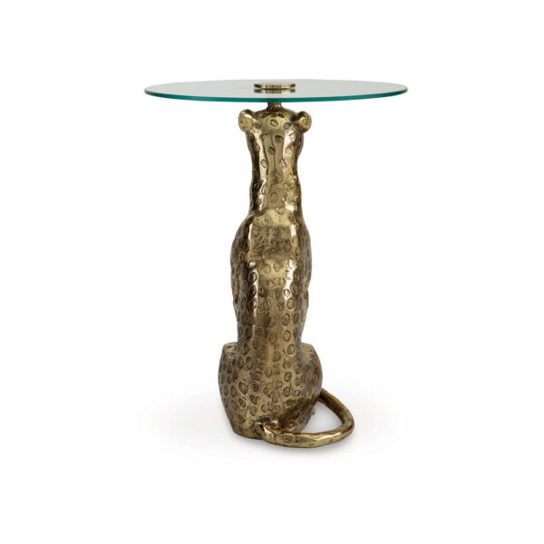 Accent Table, Gold Cast Metal Leopard Design, 18 Inch Glass Round Top