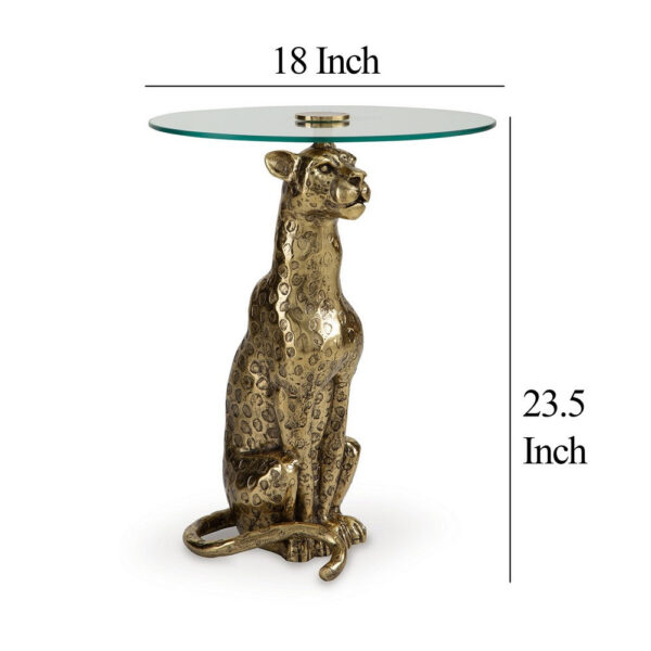 Accent Table, Gold Cast Metal Leopard Design, 18 Inch Glass Round Top