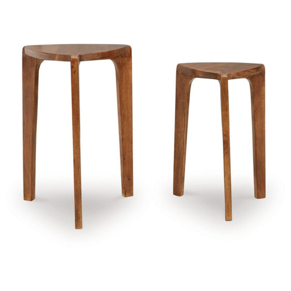 Nesting Accent Table Set of 2, Brown Solid Mango Wood Triangular Shape