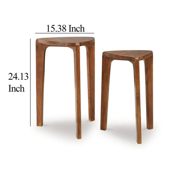 Nesting Accent Table Set of 2, Brown Solid Mango Wood Triangular Shape