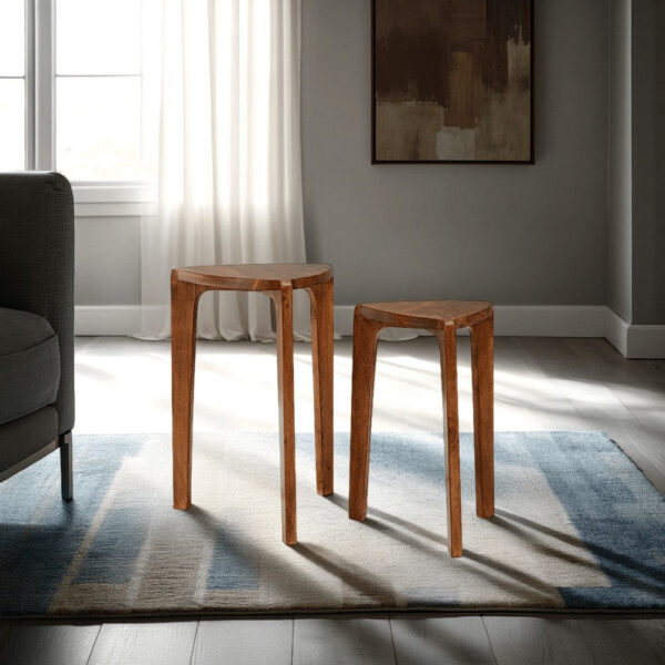 Nesting Accent Table Set of 2, Brown Solid Mango Wood Triangular Shape