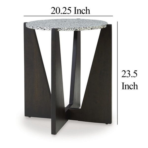 Accent Table, Round Terrazzo Tabletop, 25 Inch, Dark Brown Mango Wood