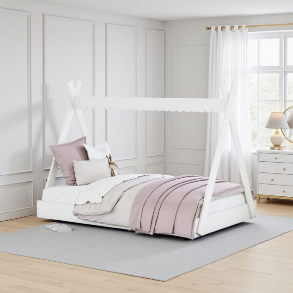 Kally Full Size Floor Bed, Tent Style Design, Matte White Wood