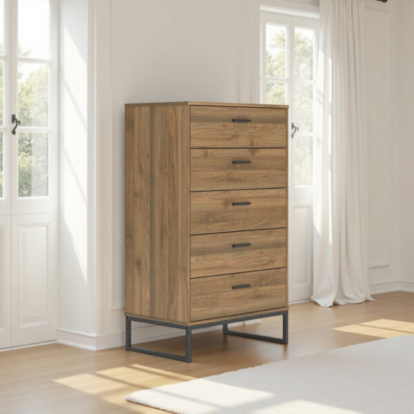 1502202669921660d7142.jpeg Deana Tall Dresser Chest, 5 Drawers, Brown Wood, Black Metal, 51 Inch