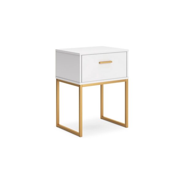150220266992167813834.jpeg Alli Nightstand, 1 Drawer, Matte White Wood, Gold Metal Legs, 26 Inch