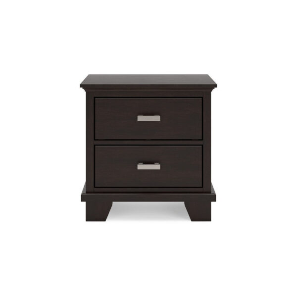 Teno Nightstand, 2 Drawers, Nickel Handles, Dark Brown Solid Hardwood