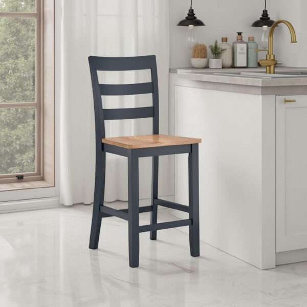 Gasy Counter Height Chair Set of 2, Dark Blue Solid Wood, Brown Seat