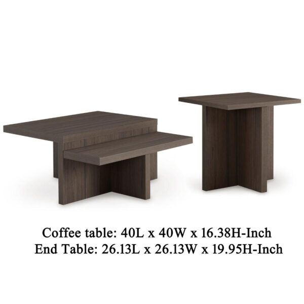 Zeny 2pc Coffee and Side Table Set, Geometric Cross Base, Dark Brown