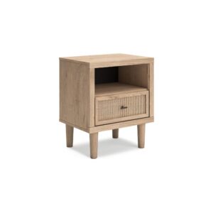 15022026699218eb6287f.jpeg Ciel Nightstand w USB LED, Faux Linen Laminate, Cane Drawer, Oak Brown