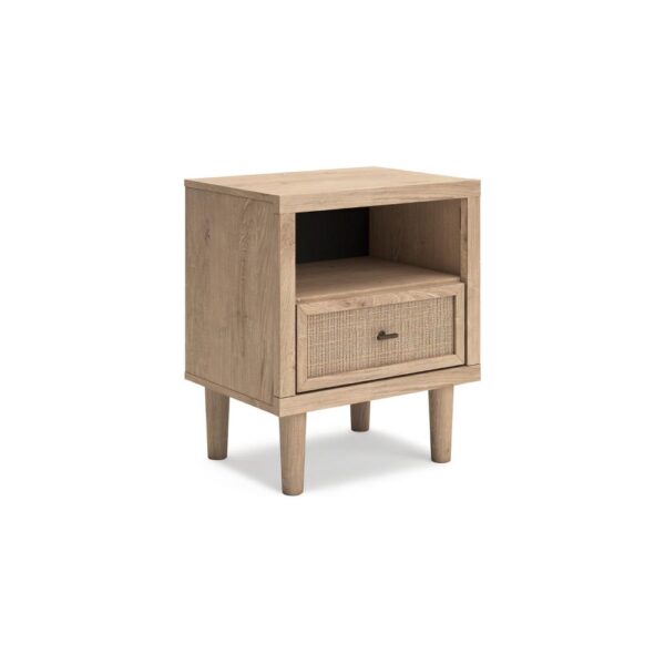 15022026699218eb6287f.jpeg Ciel Nightstand w USB LED, Faux Linen Laminate, Cane Drawer, Oak Brown